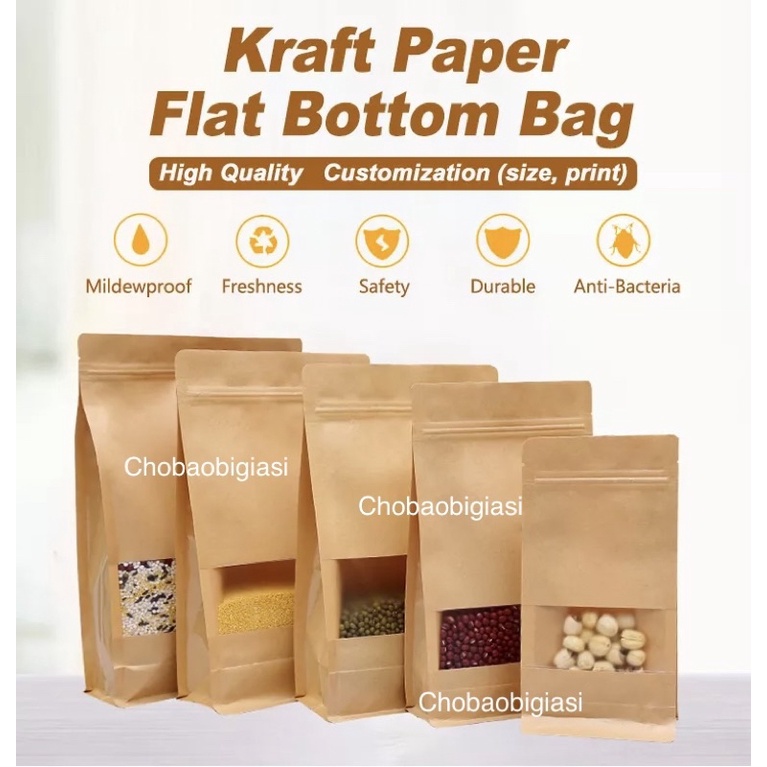 {1kg/ size} Túi zipper giấy Kraft Vàng 8 CẠNH đáy đứng cửa sổ tràn CÁN MÀNG-CHỐNG THẤM NƯỚC (có sẵn 6 size - sp y hình)