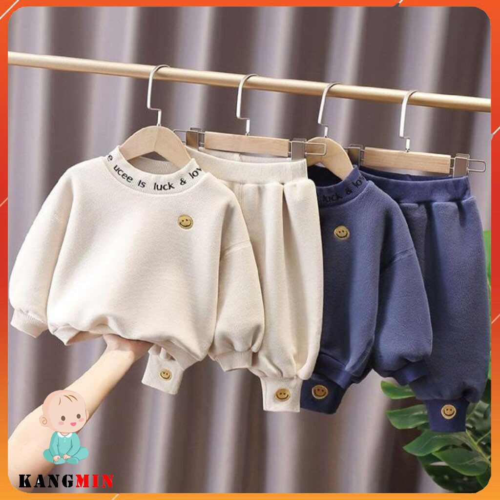 Bộ ni bông cho bé KANGMIN KIDS, bộ nỉ bé trai bé gái cổ chui mặt cười cho bé từ 6kg - 27kg Mã MC001