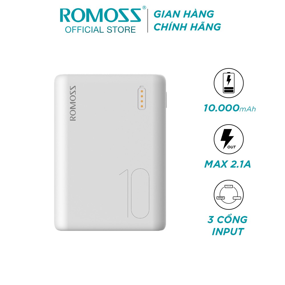 Pin sạc dự phòng Romoss Simple 10 10000mAh nhỏ gọn 3 cổng input Micro - Lightning -TypeC