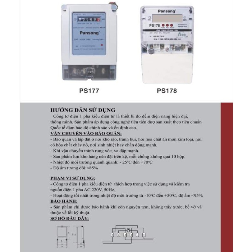 [PANSONG] Công Tơ Điện (Đồng Hồ Điện) 1 Pha 2 Dây Kiểu Điện Tử PS178 5(40)A