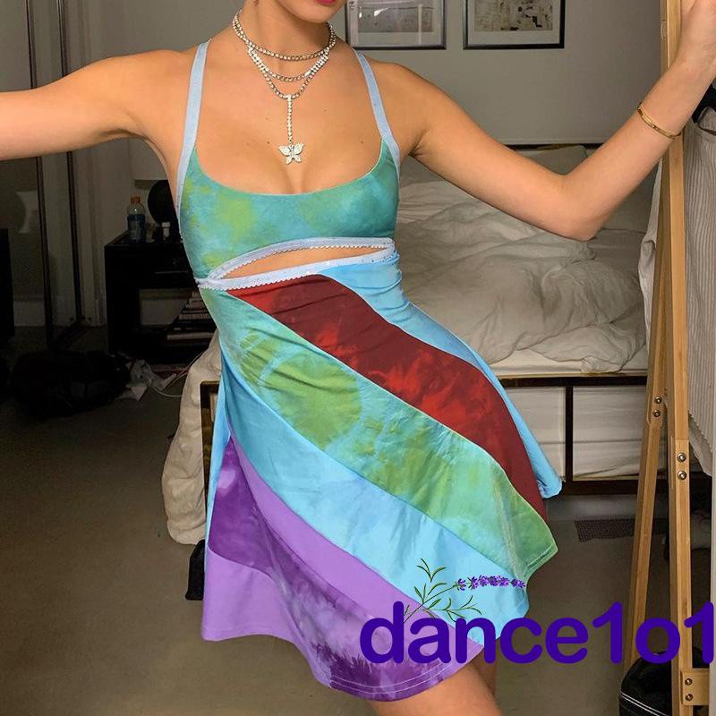 Đầm Ngắn Cổ Chữ U Khoét Lỗ Màu Sắc Tương Phản Thời Trang Cho Nữ