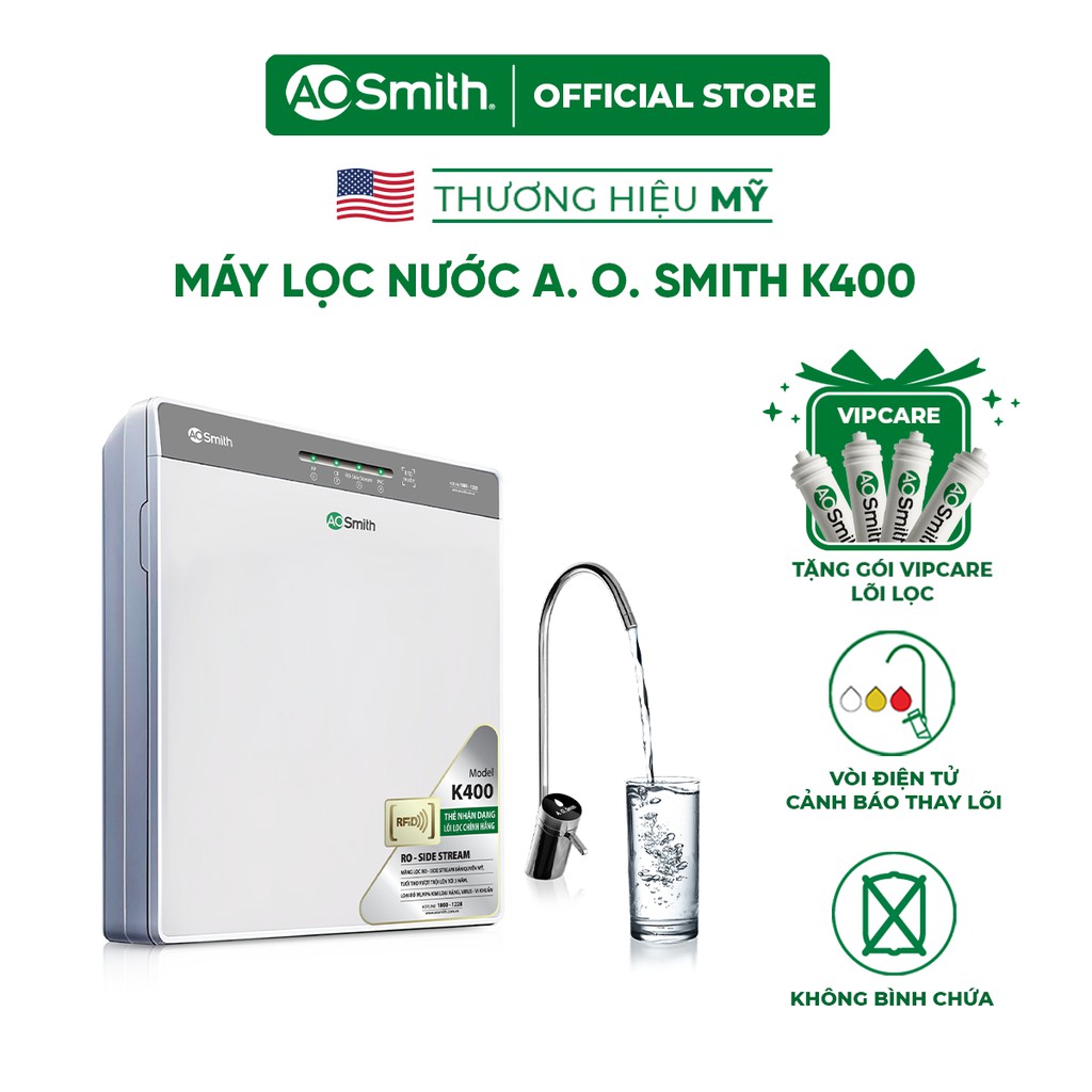 [Mã ELTECHZONE giảm 5% đơn 500K] Máy Lọc Nước A. O. Smith K400 và gói VipCare lõi lọc