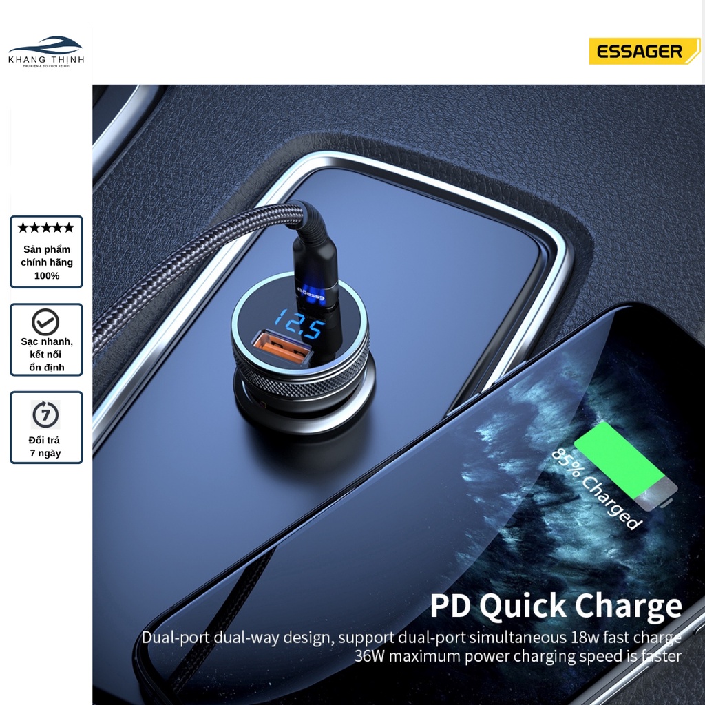 Tẩu sạc nhanh ESSAGER 2 cổng Type C, USB 3.0 cao cấp, chống cháy nổ cho ô tô, xe máy Khang Thịnh