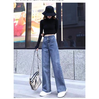 Quần jeans ống rộng cạp cao đan chéo sau lưng - phong cách Hàn Quốc