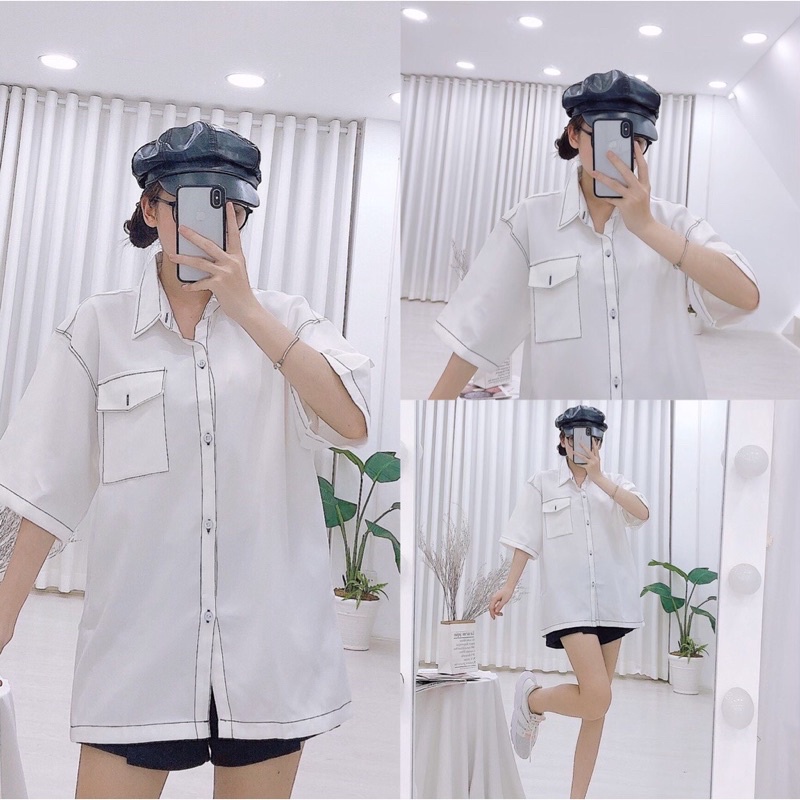 Áo sơ mi chỉ nổi chỉ nổi viền tay lỡ thời trang Nam/nữ unisex