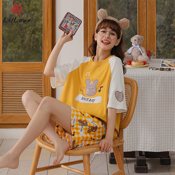 Bộ mặc nhà cotton mùa hè quần đùi áo ngắn tay - cá tính, trẻ trung, phong cách Hàn Quốc - mặc đẹp từ nhà ra phố Liilove