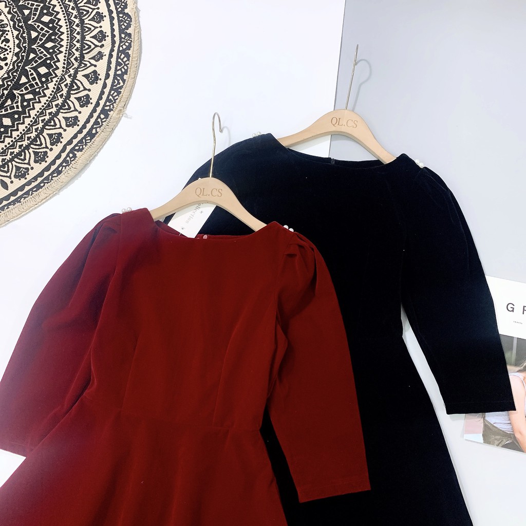 Váy thiết kế chất nhung dáng xòe hàng VNXK thiết kế thu đông cho nữ Mẫu mới 2021