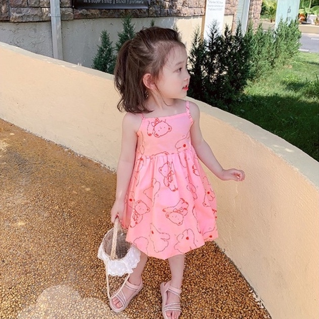 Váy bé gái - Váy 2 dây vải đũi kèm nơ sau lưng cho bé gái