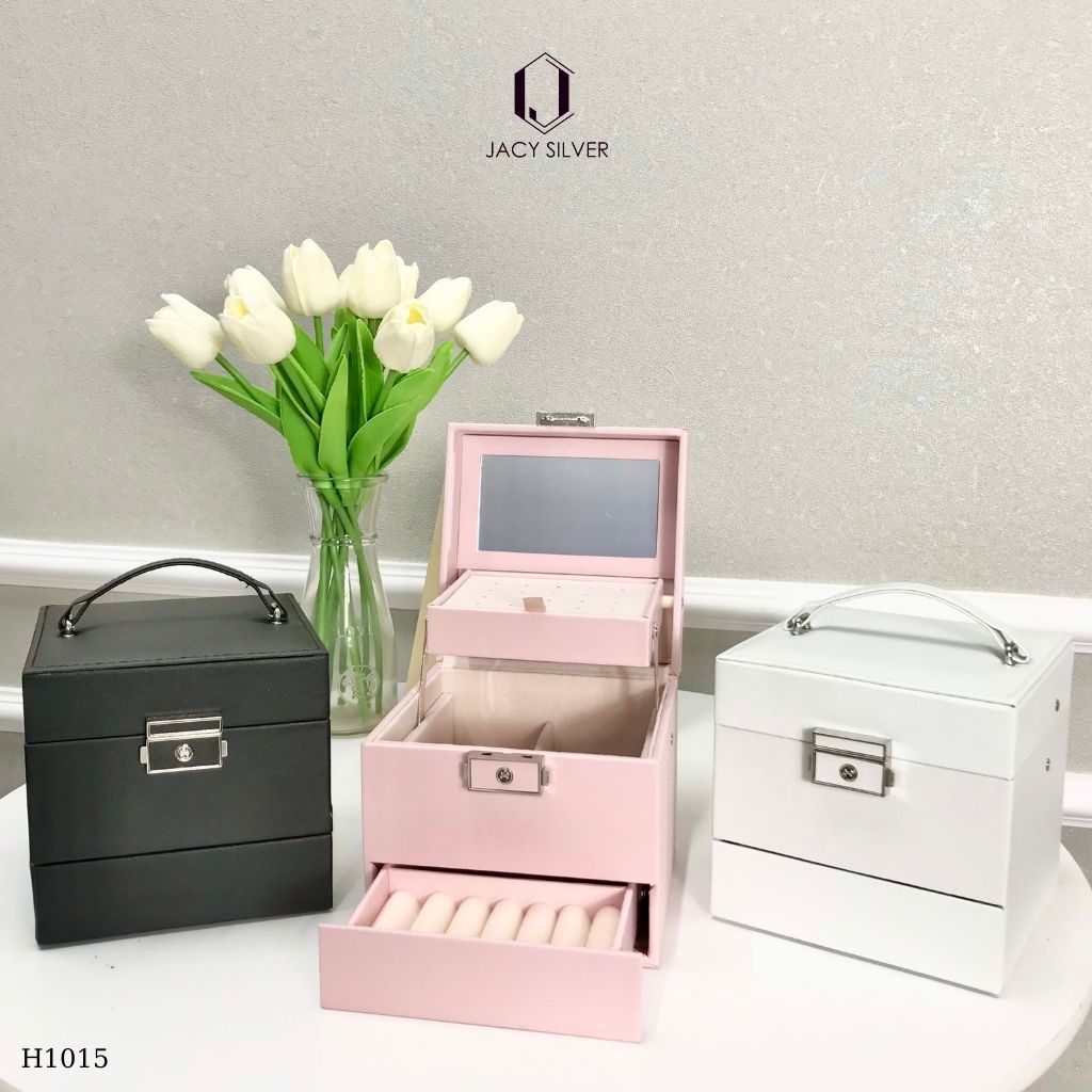 Hộp da đựng trang sức 3 tầng kèm gương, chống nước, hộp đựng nữ trang gọn gàng, tiện lợi H1015