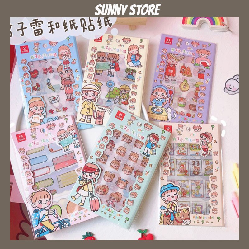 Set Sticker cute, set 4 nhãn dán dễ thương cắt sẵn (loại nhám) trang trí sổ, dụng cụ học tập SUNNYSTORE