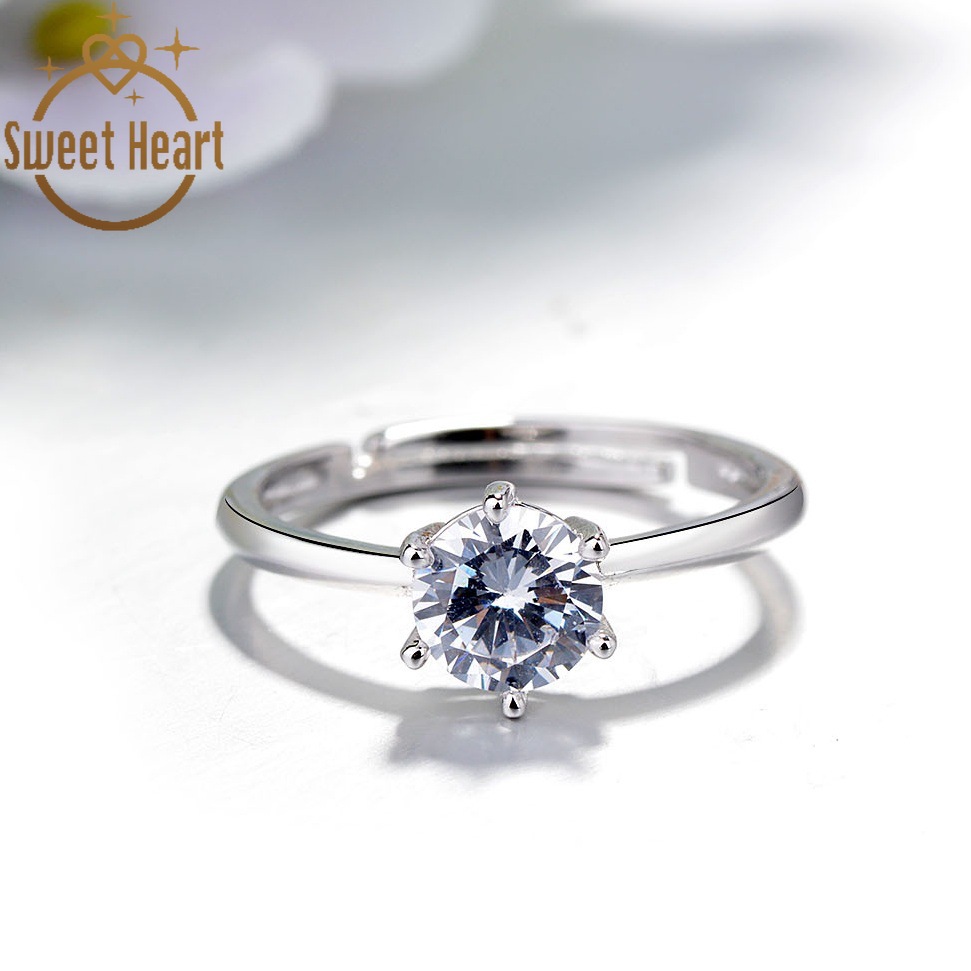 Nhẫn hở kim cương nhân tạo sáu ngạnh cổ điển mạ bạch kim thời trang cho nữ