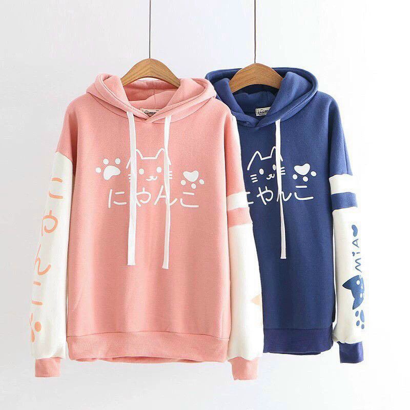 Áo Hoodie Nam & Nữ Hình Mèo Chữ Nhật Bản Mũ Dây Rút Form Dưới 58kg - Chất liệu vải nỉ lót bông mềm (Chọn màu Hồng, Xanh)