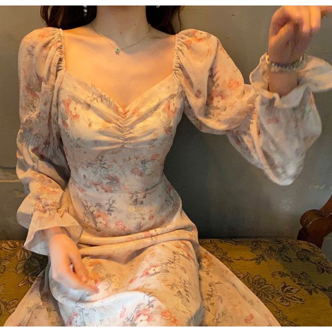 (HÀNG SẴN) Váy voan hoa hồng ngọt ngào cổ vuông dài tay xòe công chúa style kiểu Pháp lãng mạn (HÀNG MỚI 2020) | BigBuy360 - bigbuy360.vn