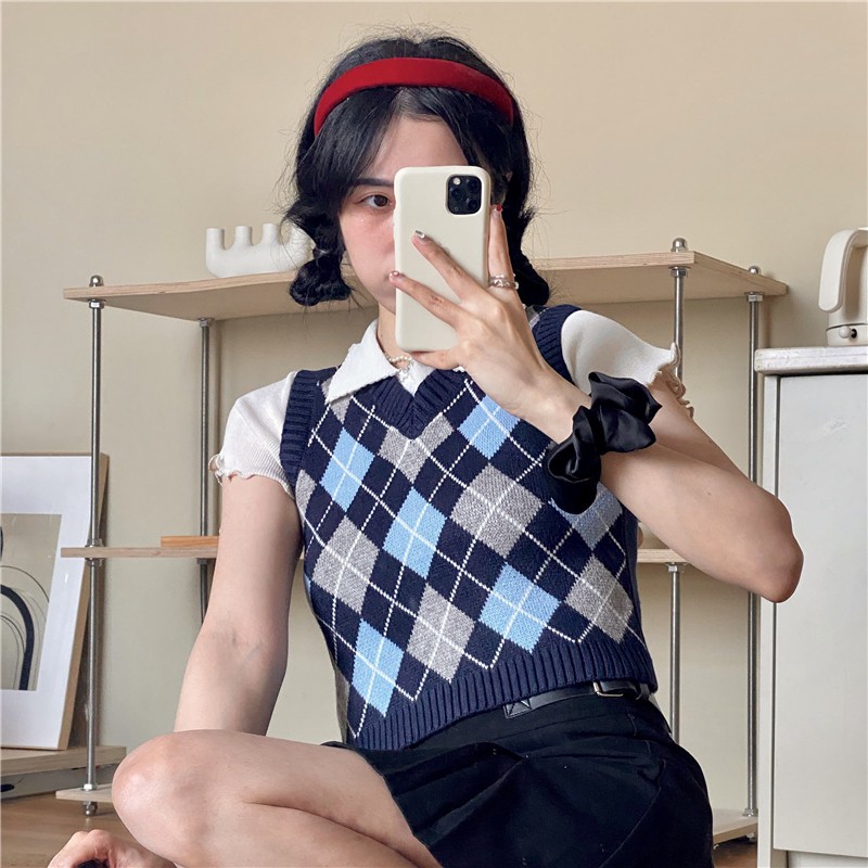 SUXI Áo Len Nữ Cộc Tay Cổ Chữ V Thời Trang Hàn