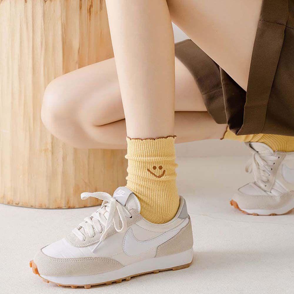 NICKOLAS Đôi Tất Cotton Màu Trơn In Hình Mặt Cười Thời Trang Thu Đông Cho Nữ