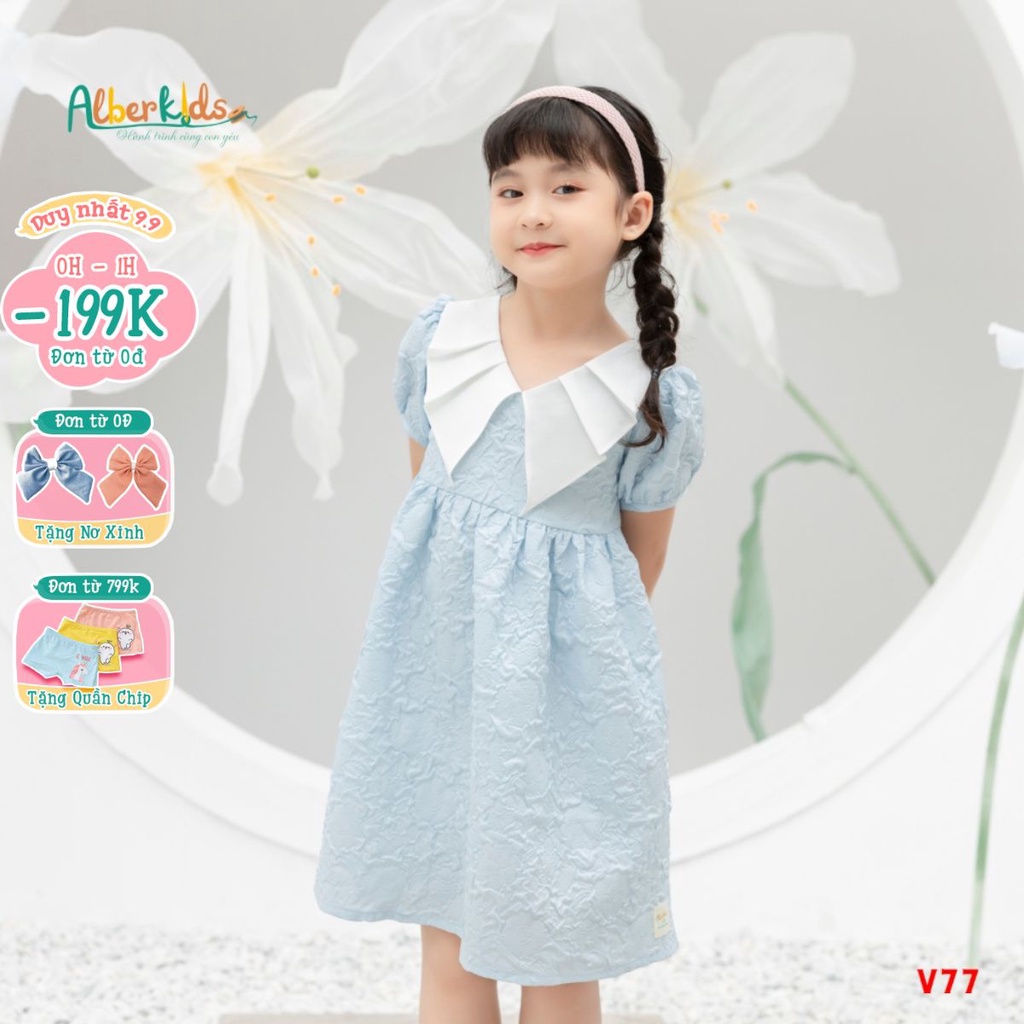 Váy bé gái ALBERKIDS xanh xốp hoa 2 lớp công chúa xinh đẹp cho trẻ em 2,3,4,5,6,7,8,9,10,11,12 tuổi [V77]