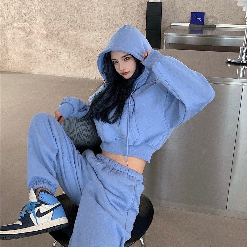 Cotton ins fashion autumn winter sports suit women's lazy style Korean version Plush Hoodie loose Leggings two-piece set
