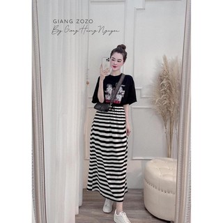 Set áo phông đen  + chân váy maxi kẻ