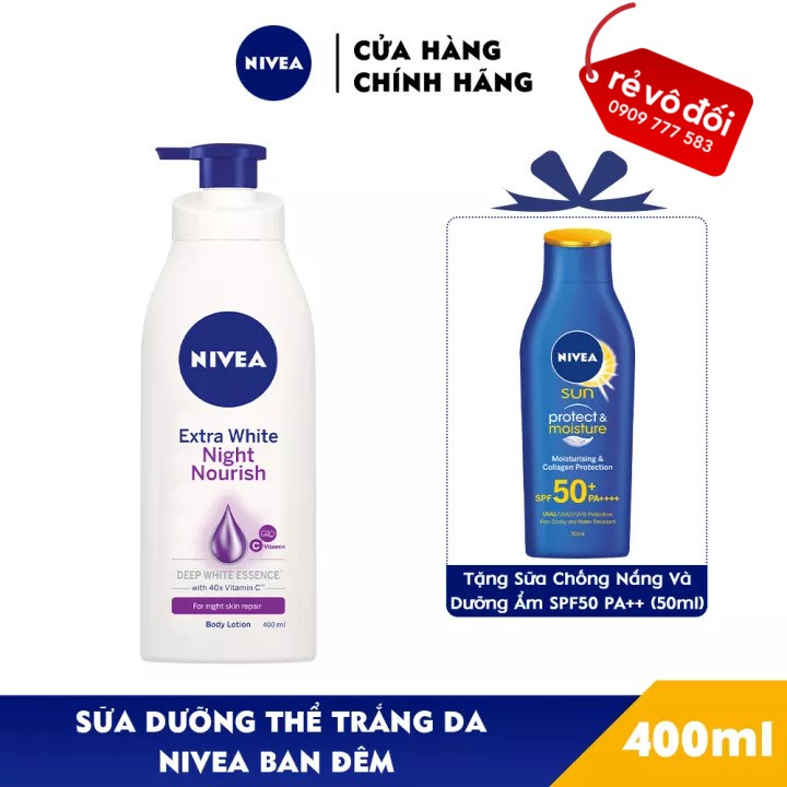 Sữa Dưỡng Thể Trắng Da Nivea Ban Đêm (400ml) - Tặng Sữa Chống Nắng Và Dưỡng Ẩm Toàn Thân Nivea SPF50 PA++ (50ml)