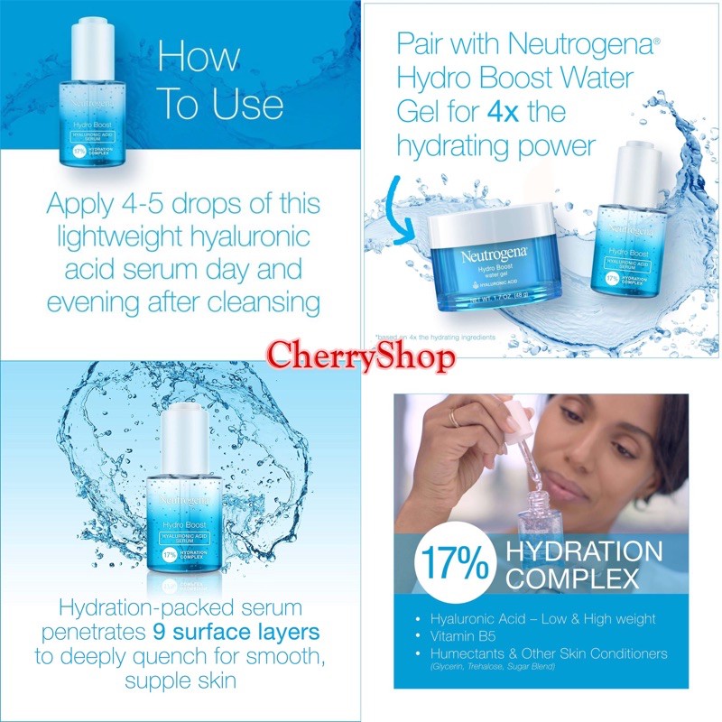 Tinh chất cấp nước Neutrogena Hydro Boost - Hyaluronic Acid Serum 17% Hydration Complex (30ml)