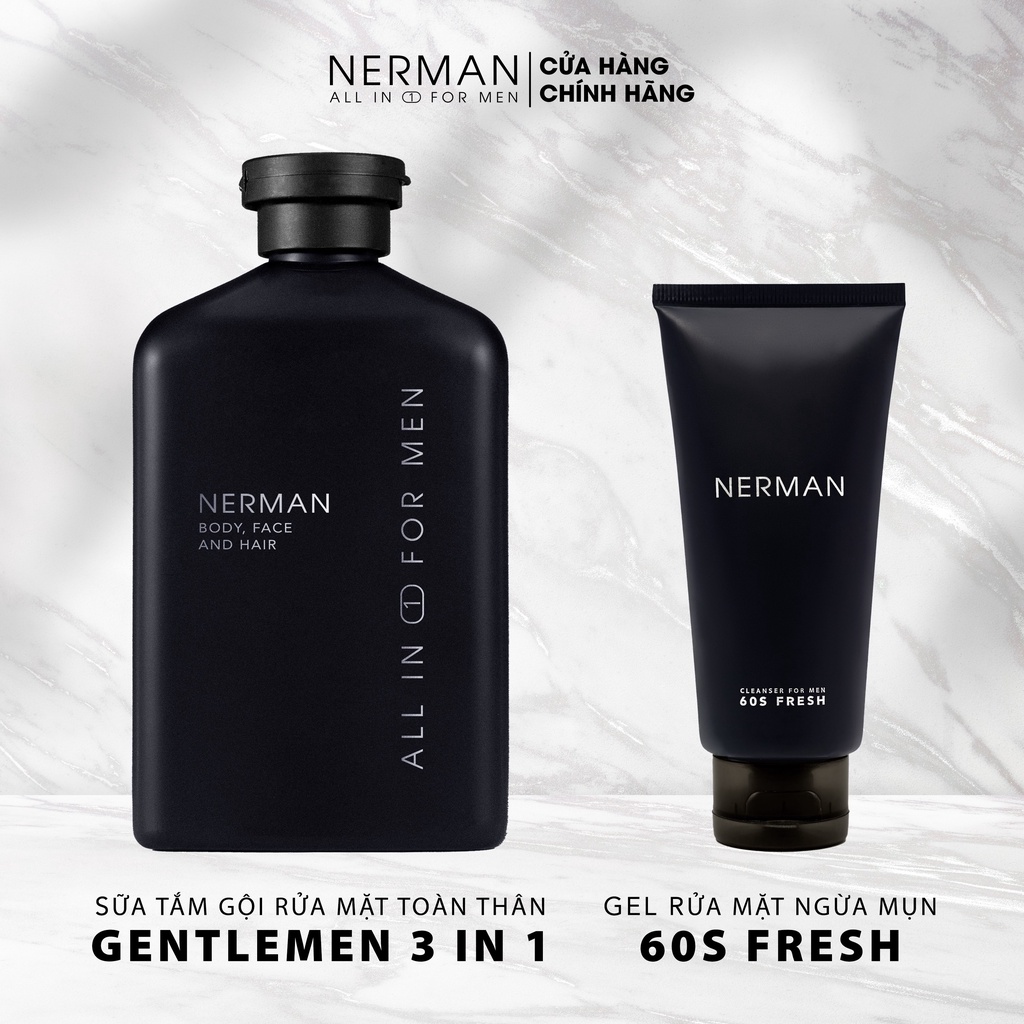 Combo Manly Nerman -Sữa tắm gội hương nước hoa cao cấp 350ml & Gel rửa mặt ngừa mụn 100ml