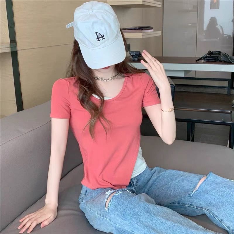 Áo Thun Ngắn Tay Giả Hai Lớp Xinh Xắn Dành Cho Nữ 2021