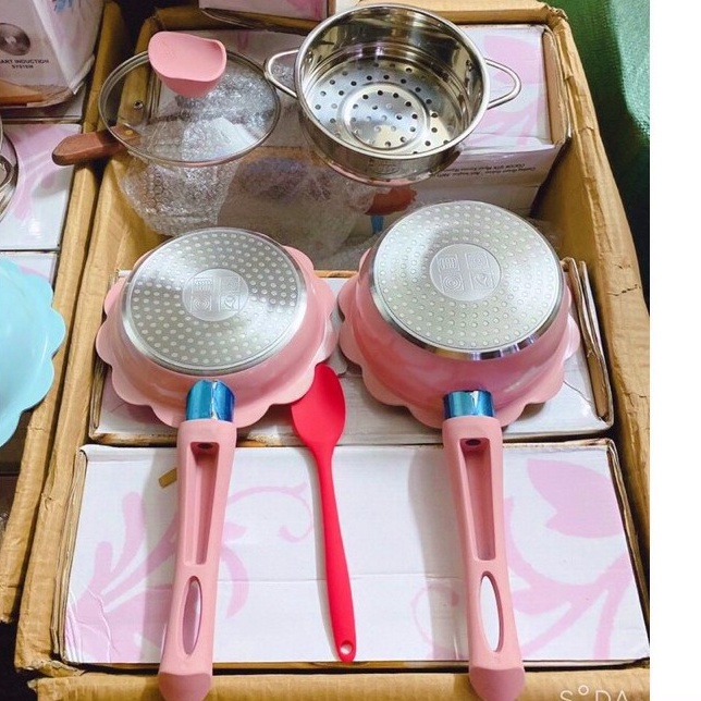 BỘ NỒI CHẢO ĐÁ KÈM XỬNG HẤP NẤU ĐỒ ĂN DẶM CHO BÉBỘ NỒI CHẢO QUẤY HÌNH HOA CAO CẤP MEN ĐÁ CHỐNG DÍNH