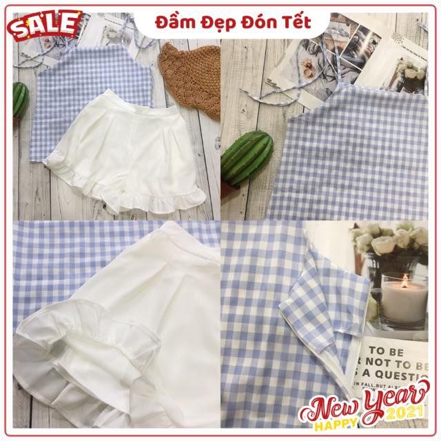 Set chân váy trắng hai lớp áo hai dây sọc caro dây áo tự cột tự điều chỉnh có dây khoá kéo ( kèm ảnh trải sàn ) | BigBuy360 - bigbuy360.vn