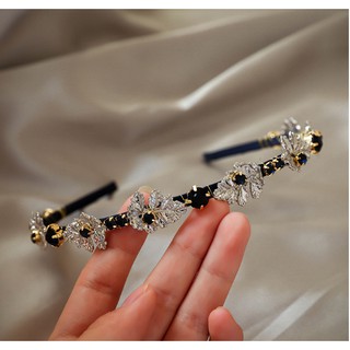 Bờm Cài Tóc HimHip Thép Bọc Vải Mặt Lá Kim Loại Tạo Hình Phối Đá Đen Sang Trọng 1.5cm