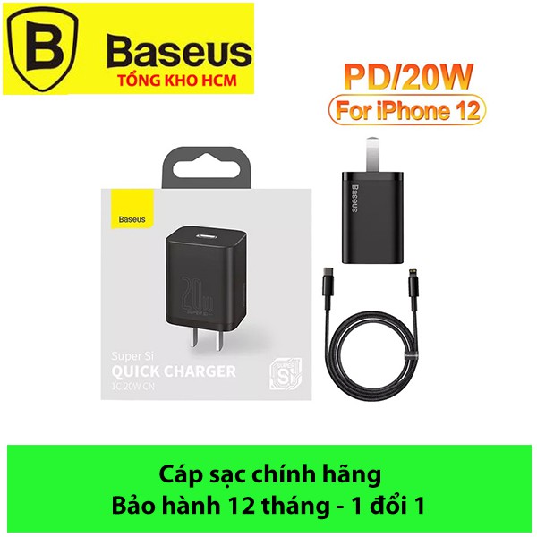 Bộ cốc cáp sạc nhanh Baseus 20W Si cho IP12, Củ sạc nhanh IP12 Baseus 20W Super Si Mini USB C hỗ trợ sạc nhanh QC3.0 PD