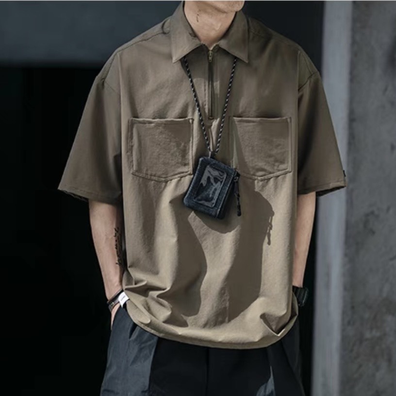 Áo sơ mi Khóa kéo tay ngắn nam nữ unisex form rộng tay lỡ basic, chất vải kaki cao cấp, thời trang 4 mùa,đi chơi, đi làm