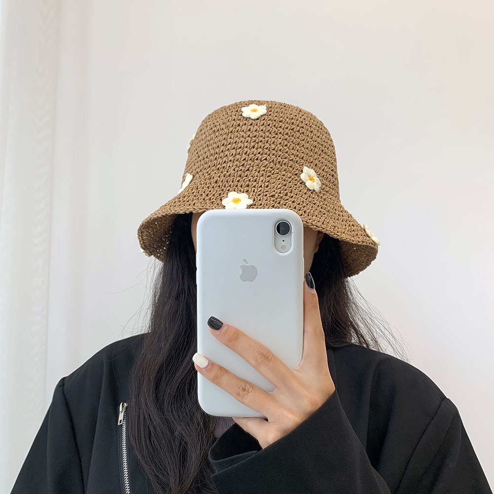 Nón cói rộng vành đính hoa nhỏ dễ thương thời trang đi biển mùa hè phong cách Nhật Bản dành cho nữ