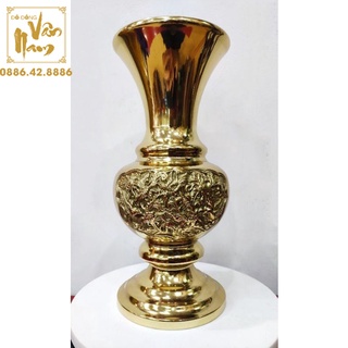 Lọ hoa đồng vàng cao cấp hoạ tiết bông cúc cao 30cm, bình hoa bằng đồng đẹp để ban thờ
