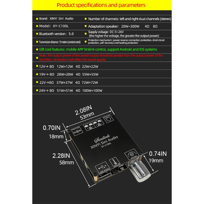 Bảng Mạch Khuếch Đại Âm Thanh Bluetooth 5.0 Mojito Xy-C100L 100wx2 3.5mm
