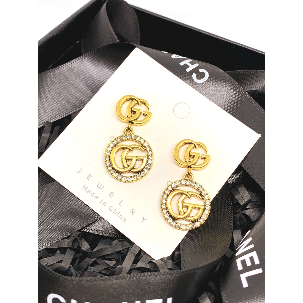 Khuyên tai nữ thương hiệu GG thả dài đính đá mạ vàng sanh chảnh TB459 TOBI STORE