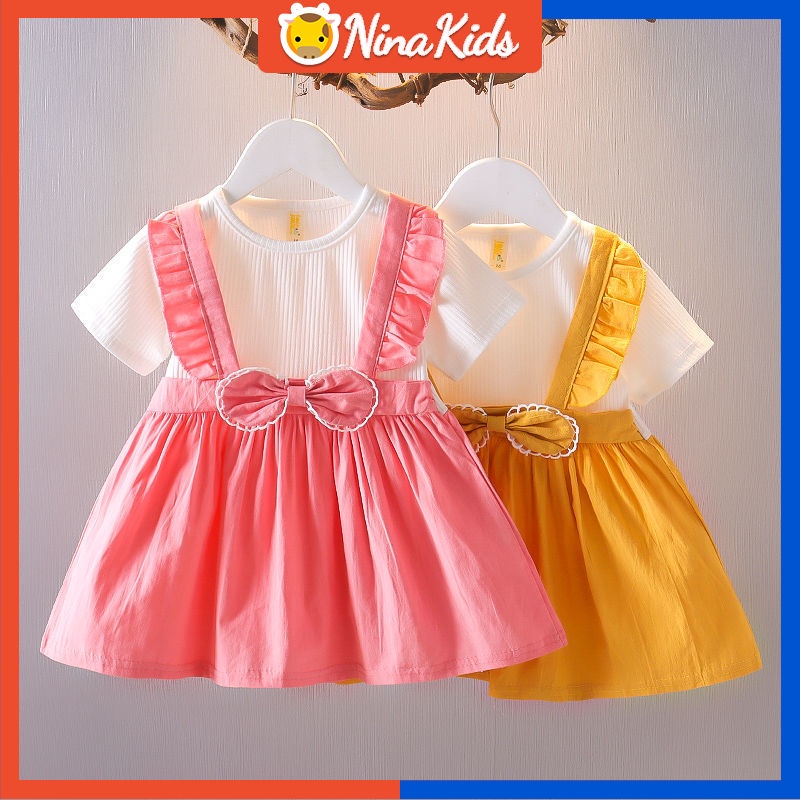 Đầm Công Chúa Bằng Cotton Tay Ngắn Thắt Nơ Phong Cách Hàn Quốc Thời Trang Mùa Hè Cho Bé Gái 0-4 Tuổi