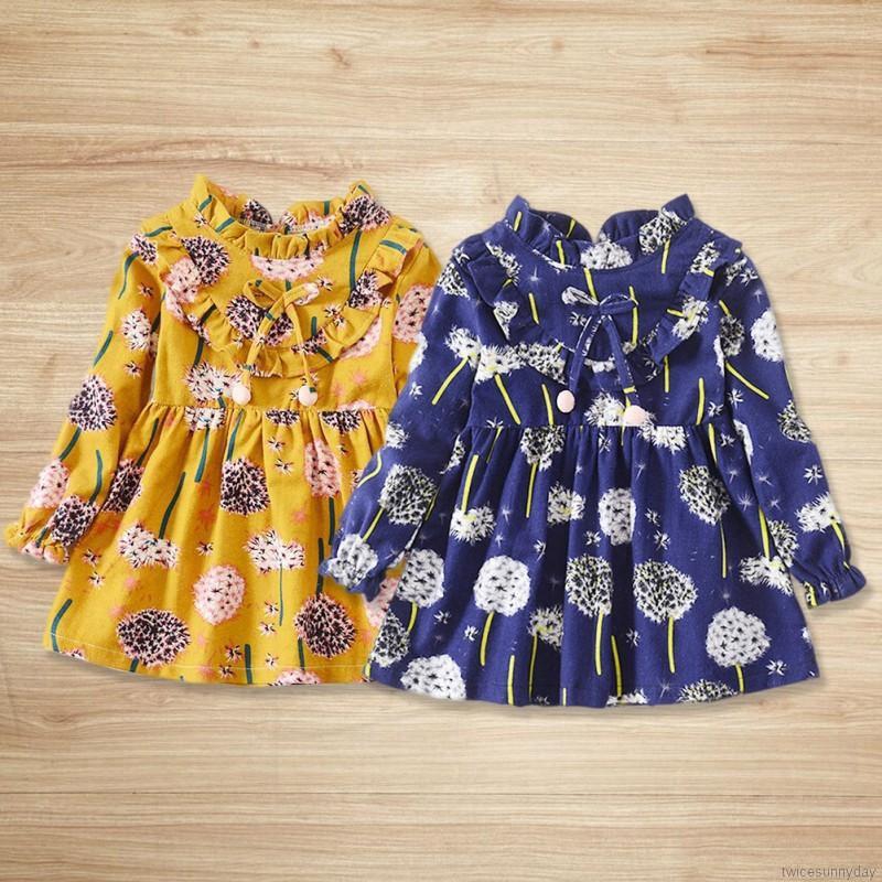 Đầm dài tay cổ lọ họa tiết hoa đáng yêu cho bé gái