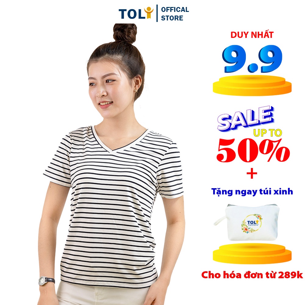 Áo Thun Nữ Trơn Cổ Tim TOLI, Chất Cotton 4 Chiều Mềm Mịn, Co Dãn, Form Suông Cơ Bản [Sọc Kẻ Trắng-19A]