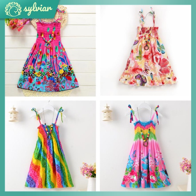 Đầm Công Chúa Đi Biển Xếp Ly Hai Dây + Vòng Cổ Nhiều Màu Sắc Bằng Cotton Cho Bé Gái