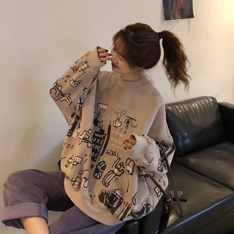 [Xả Kho 03]Áo Sweater Form Rộng Ulzzang In Hình Hoạ Tiết Mẫu Mới Nhất 2021❤️Nỉ Cổ Tròn Tay Phồng Unisex Hot