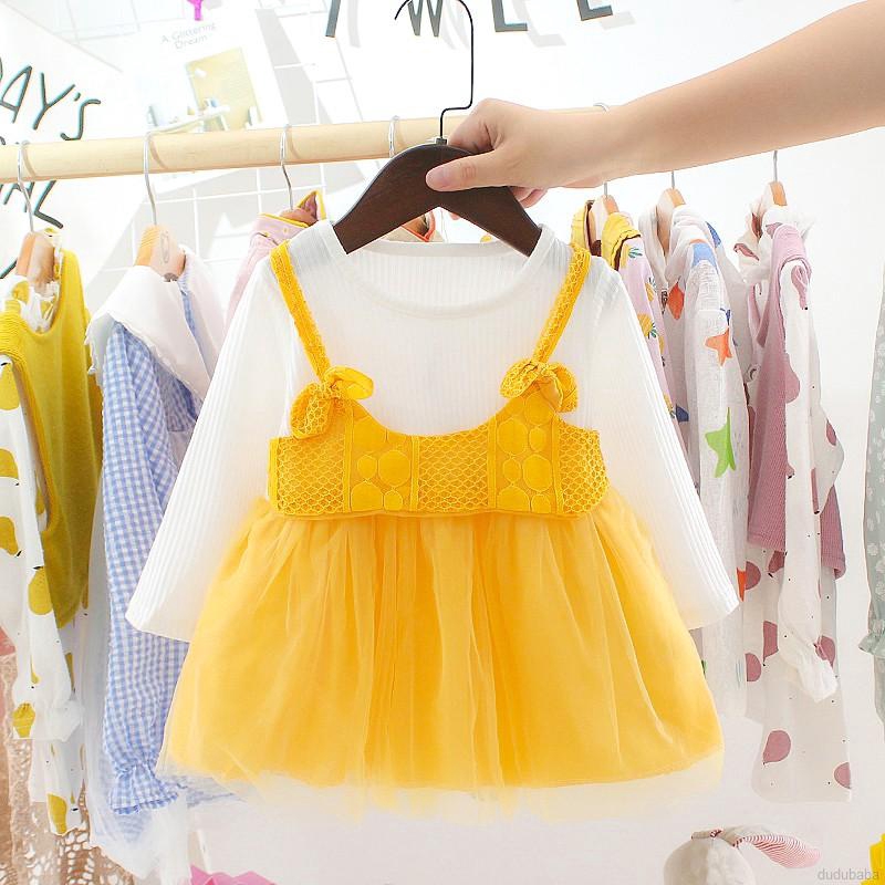 Áo đầm giả hai mảnh thiết kế bằng vải lưới tay dài dành cho bé 0-3 tuổi thời trang xuân thu