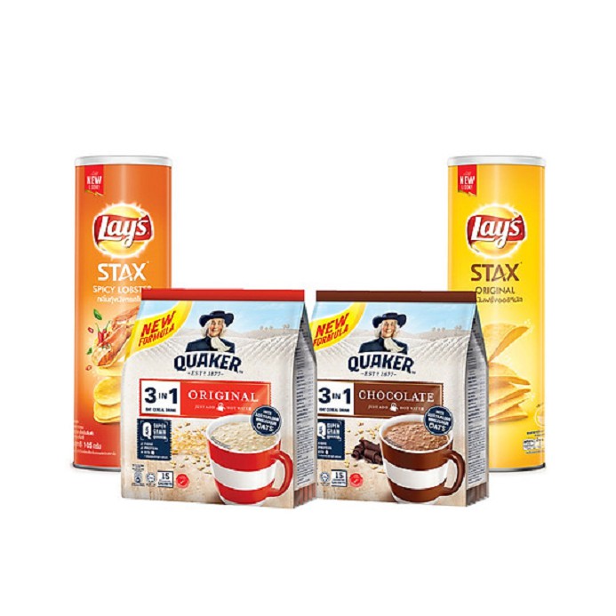 Combo:2 túi yến mạch Quaker 3in1 vị Chocolate &amp; Truyền Thống + 2 hộp Lay's Stax Thái vị Tôm Hùm Nướng &amp; Tự Nhiên