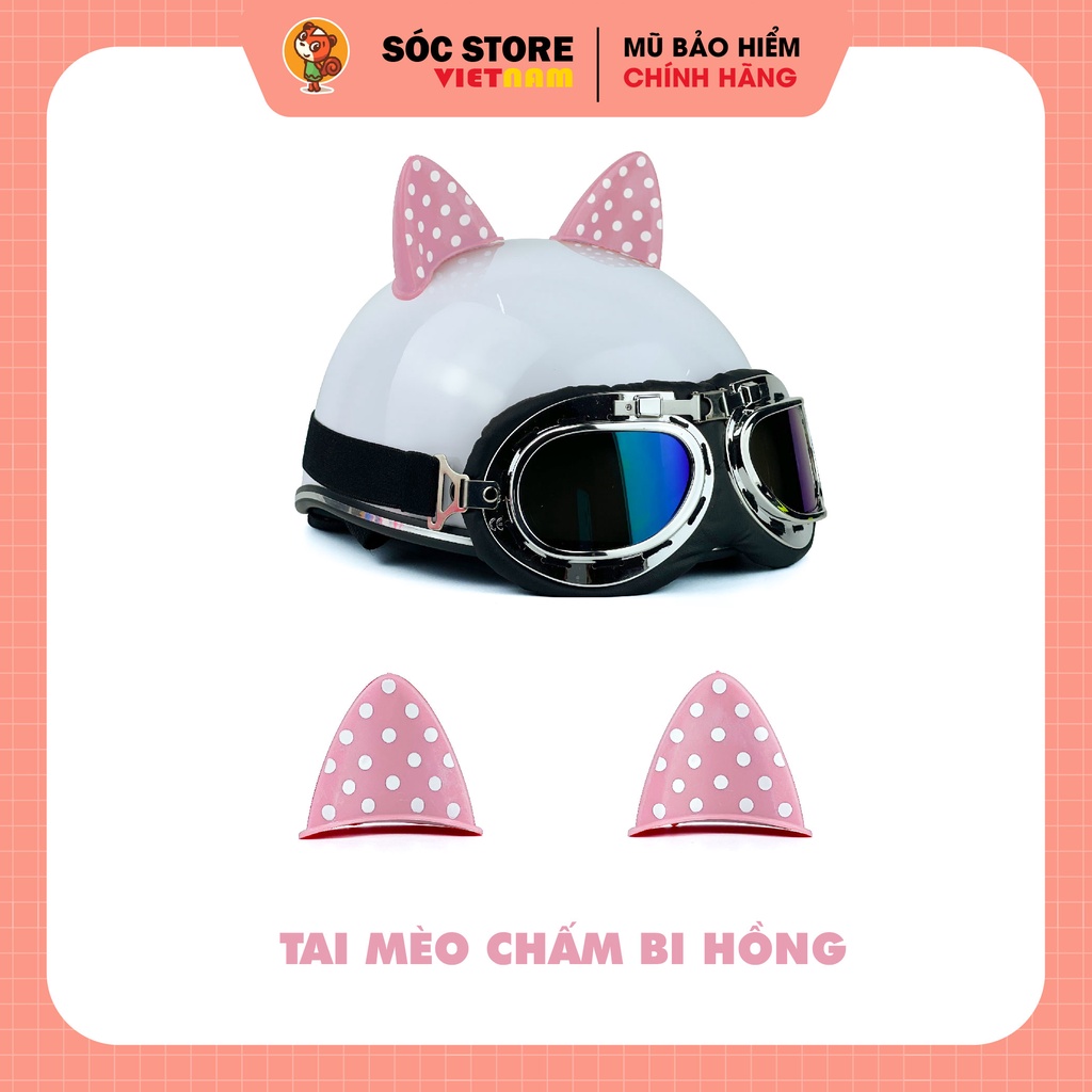 Tai mèo chấm bi gắn, custom mũ bảo hiểm nửa đầu, 3 phần 4, siêu xinh Sóc Store