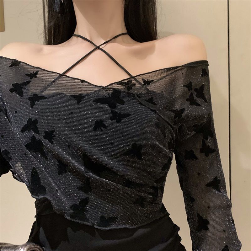 Đầm dài tay cổ tròn hở vai màu đen phong cách hip hop thời trang mùa thu dành cho nữ