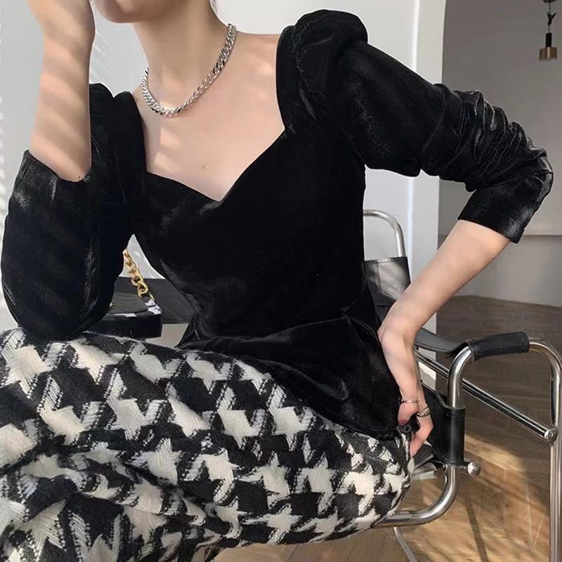 Áo nhung tay dài phồng cổ vuông thời trang mùa thu quyến rũ dành cho nữ