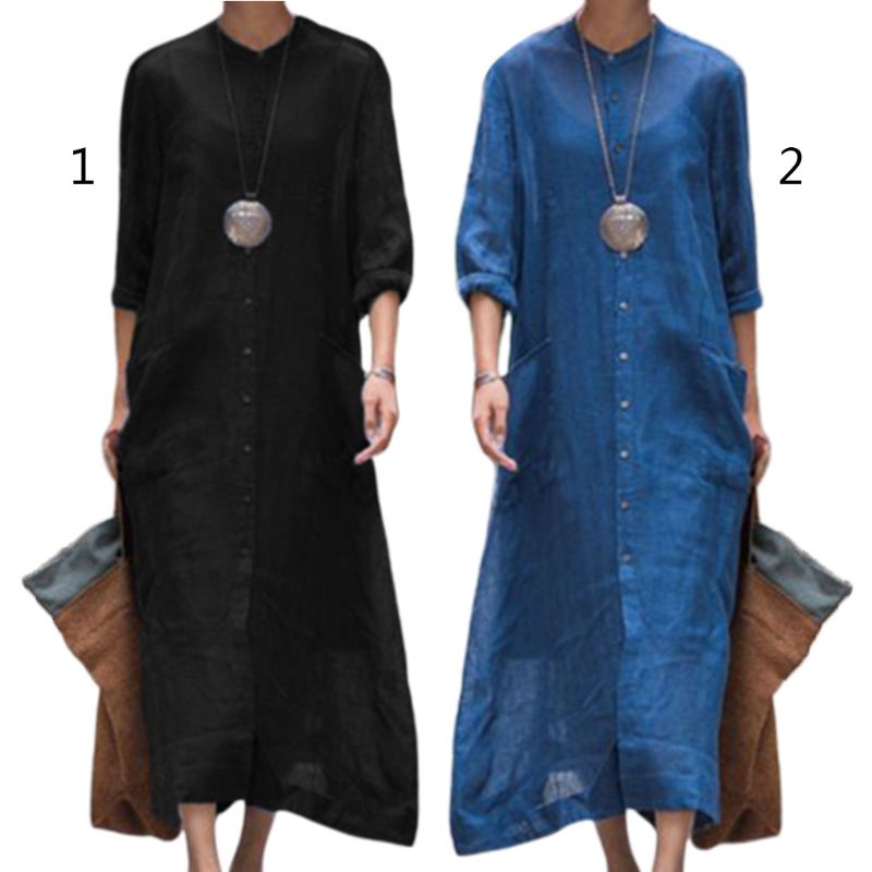 Áo Kiểu Vải Lanh Tay Lỡ 3 / 4 Phối Nút Cài Phong Cách Dân Tộc Plus Size Cho Nữ