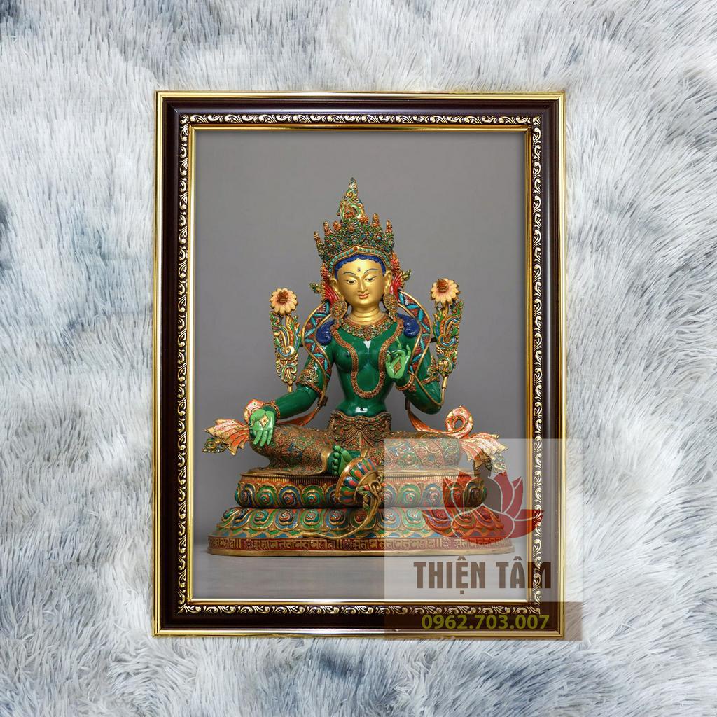 Tranh Tượng Tara Xanh Mandala  khung 36x48cm bằng vải phủ bóng khung composite xịn xò