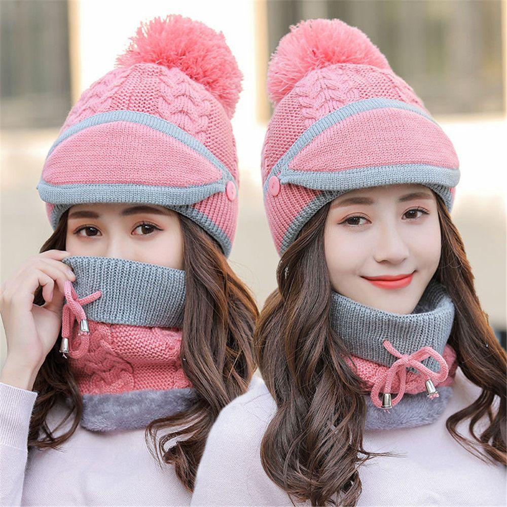 Set 3 Mũ beanie Trùm Đầu Kiêm Khăn Choàng Cổ Giữ Ấm Chống Lạnh Cho Nữ