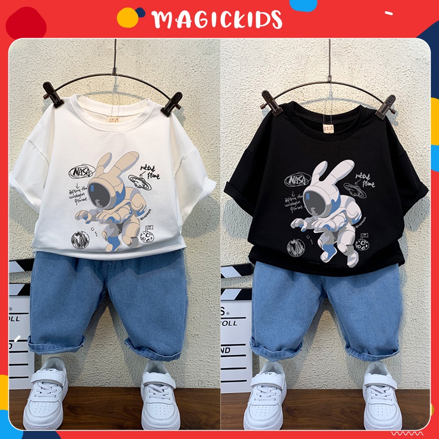 Áo phông thun bé trai bé gái size đại 34kg ngắn tay cổ tròn cotton co giãn in hình thỏ phi hành gia Magickids AO22009
