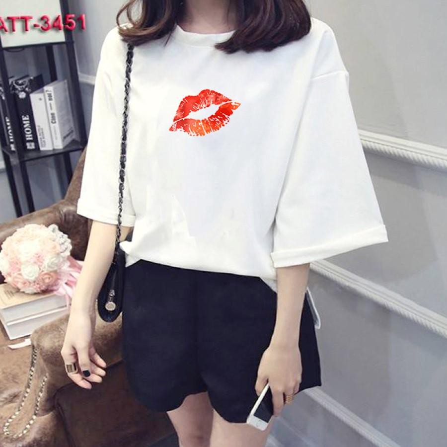 Áo thun nữ tay lỡ Hàn Quốc form rộng in hình đôi môi gợi cảm vài dày mịn TEEWOTL23